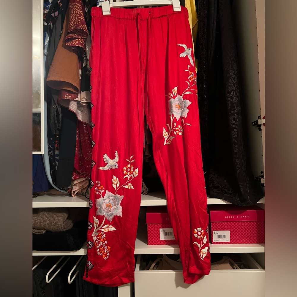 Free People Silk Embroidered Pants